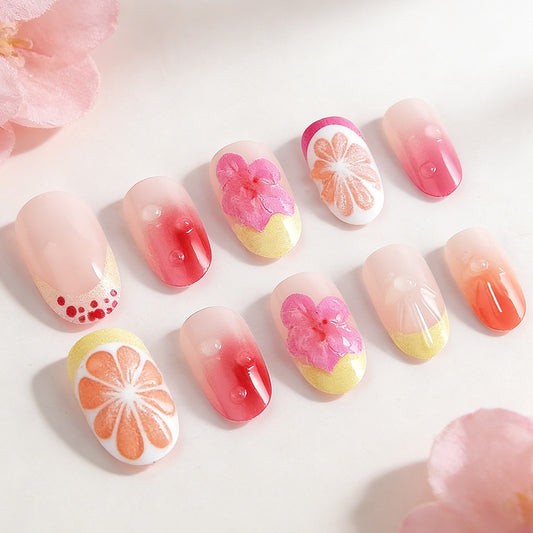Floral Bliss Short Round Pink Ombre Press On Nail Set with Artistic Flower Designs