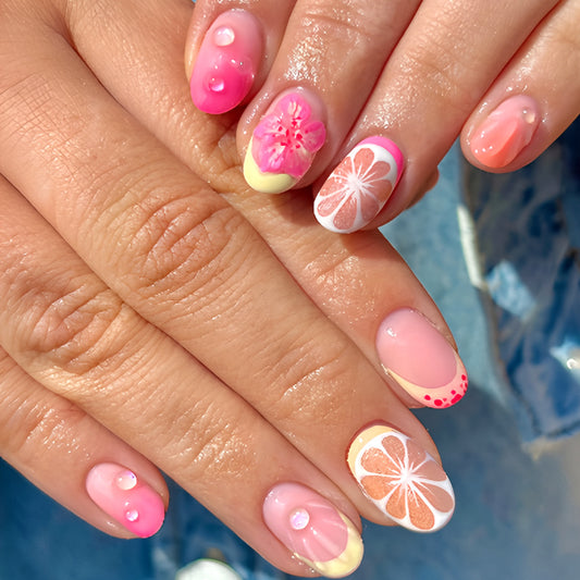 Tropical Paradise Short Round Pink Gradient Press-On Nail Set with Floral Accents