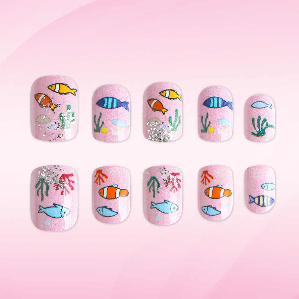 Underwater Paradise Bright Pink Short Square Press-On Nail Set with Fish and Sparkle Detail