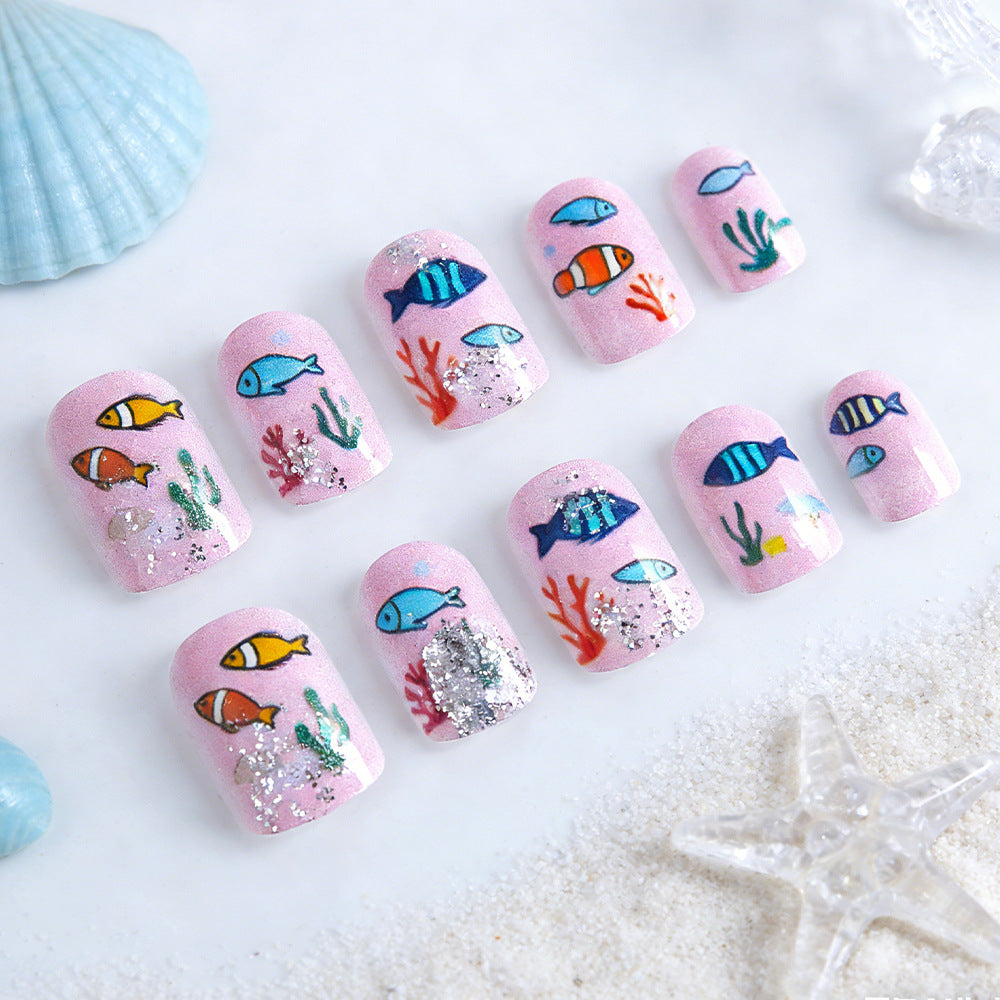 Underwater Adventure Short Square Pink Glitter Fish-Themed Press On Nail Set