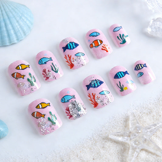 Underwater Adventure Short Square Pink Glitter Fish-Themed Press On Nail Set