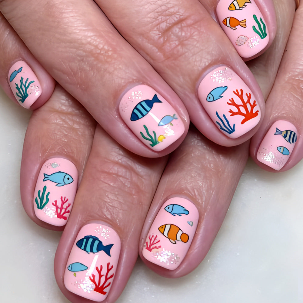 Underwater Adventure Medium Square Light Pink Press On Nail Set with Colorful Fish Designs and Glitter Accents
