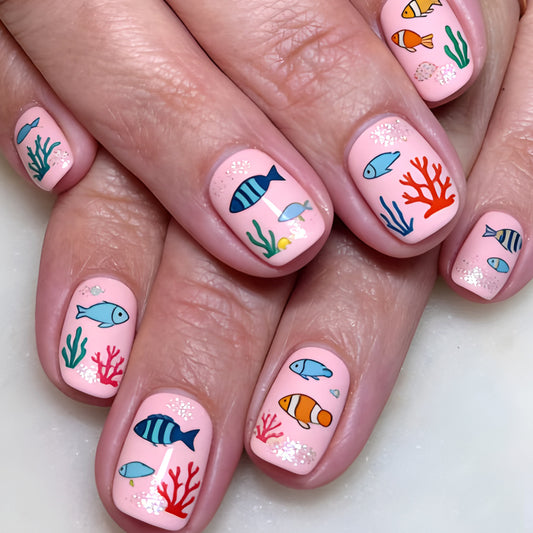 Underwater Adventure Medium Square Light Pink Press On Nail Set with Colorful Fish Designs and Glitter Accents