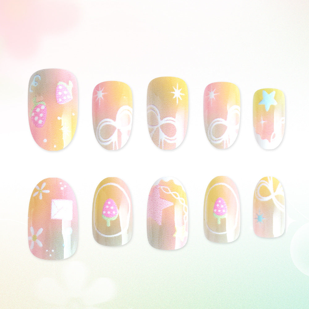 Whimsical Garden Dream Short Oval Pastel Ombre Nail Set with Charming Floral and Fruit Designs