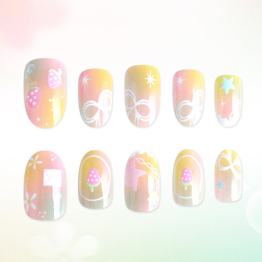 Whimsical Garden Dream Short Oval Pastel Ombre Nail Set with Charming Floral and Fruit Designs