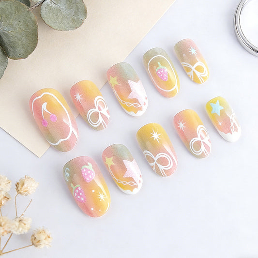 Whimsical Delight Short Oval Pastel Gradation with Sweet Illustrations Press On Nail Set