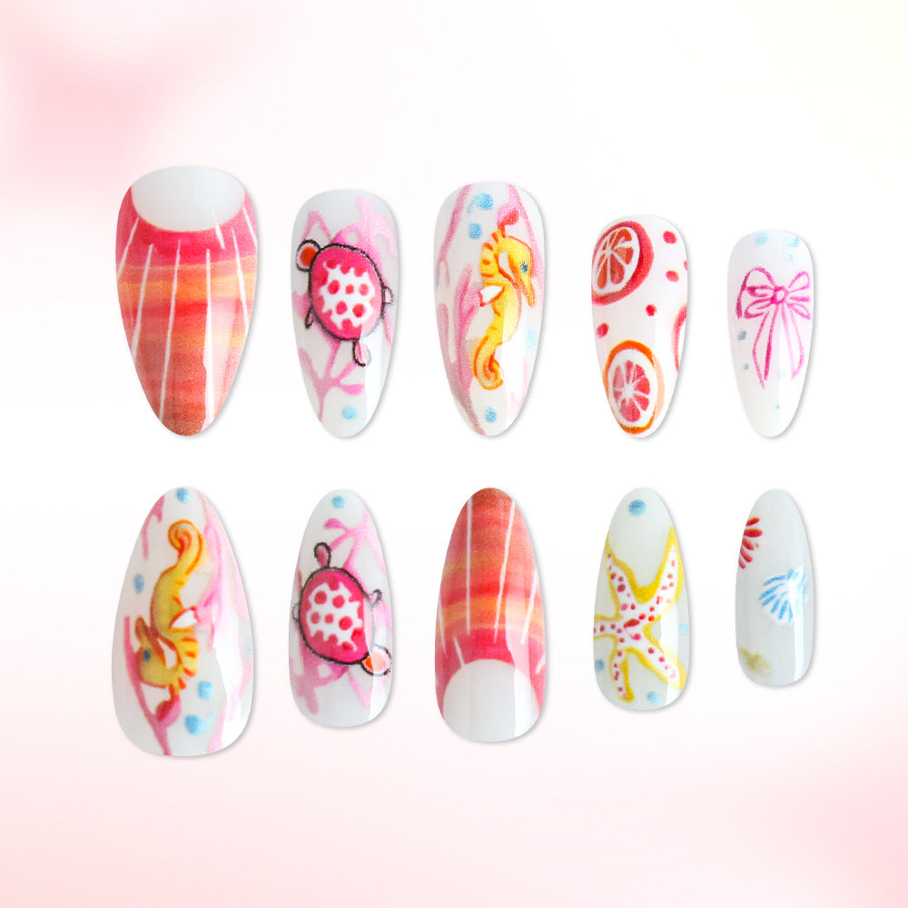 Underwater Fantasy Long Almond Pink and White Coral Reef Themed Press On Nail Set