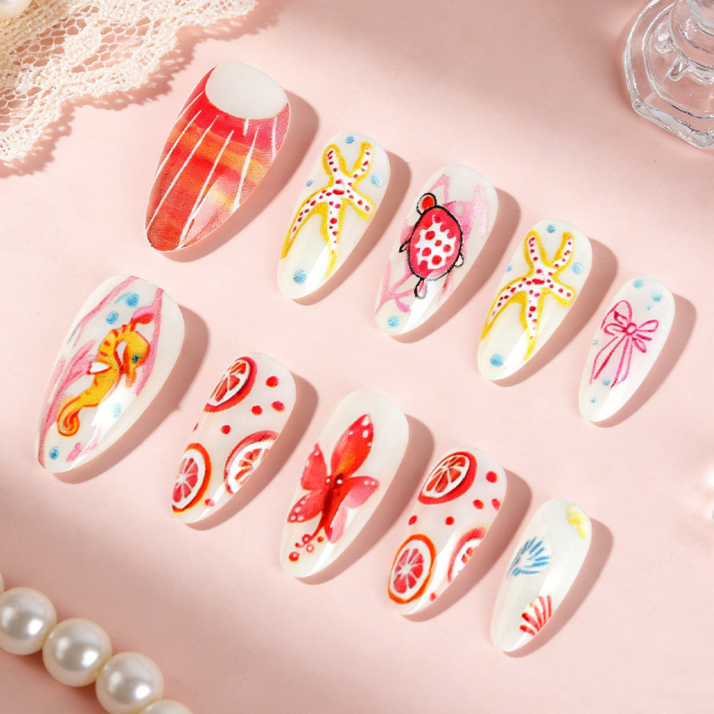 Tropical Paradise Long Almond Red and White Articulated Nail Set with Vibrant Floral and Marine Illustrations