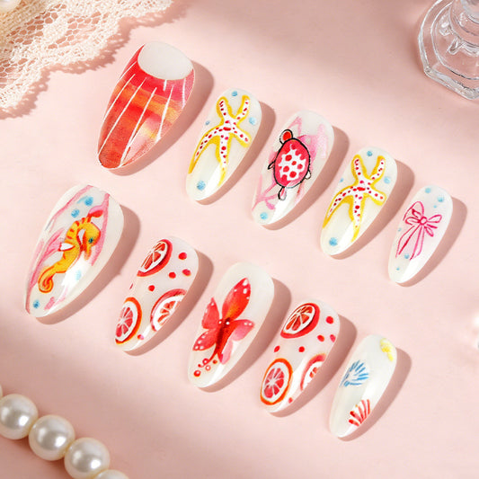 Tropical Paradise Long Almond Red and White Articulated Nail Set with Vibrant Floral and Marine Illustrations