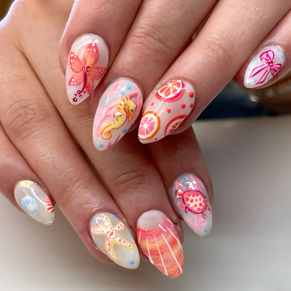 Tropical Paradise Long Almond Peachy Press On Nail Set with Vibrant Ocean-Inspired Designs