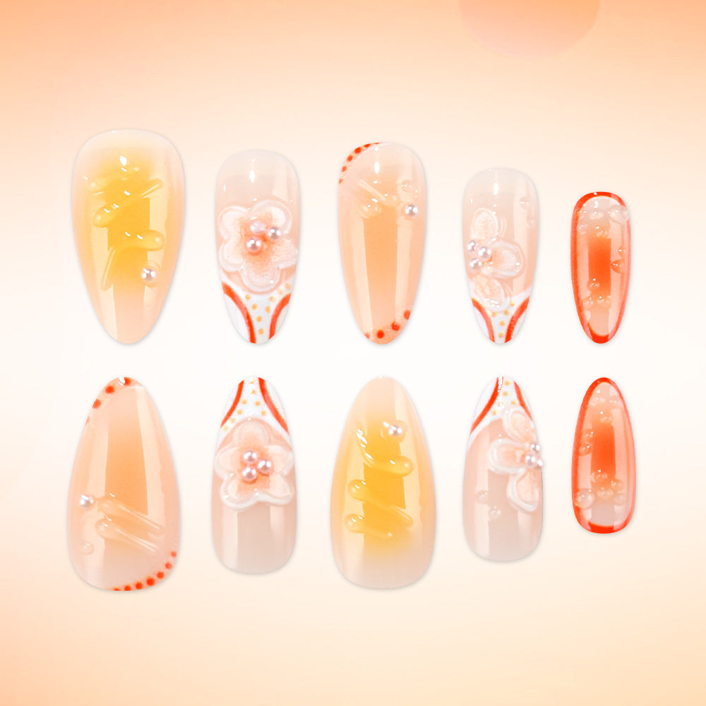 Blossom Dreams Long Almond Orange Ombre with Floral Accents Press On Nail Set