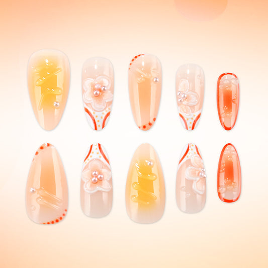 Blossom Dreams Long Almond Orange Ombre with Floral Accents Press On Nail Set