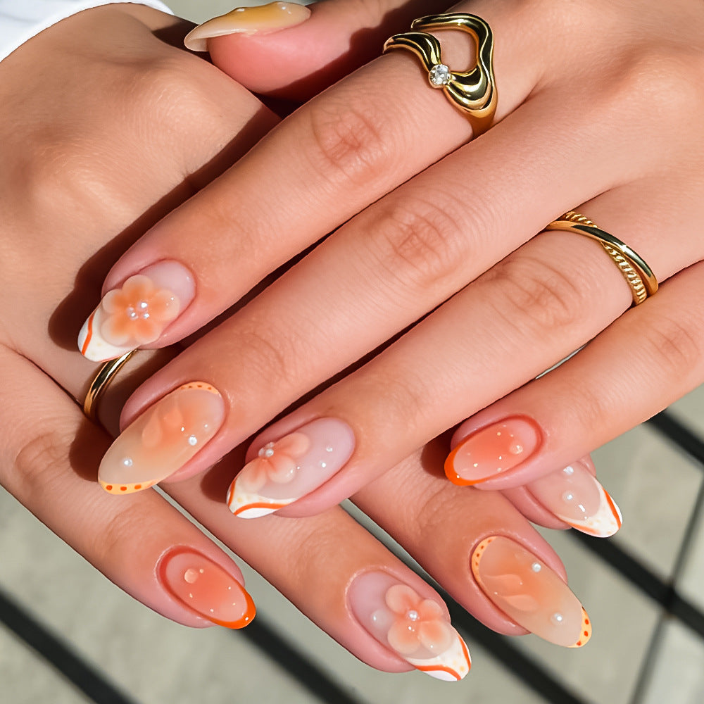 Floral Sunset Long Almond Orange Ombre with Delicate Flower Accents Press-On Nail Set