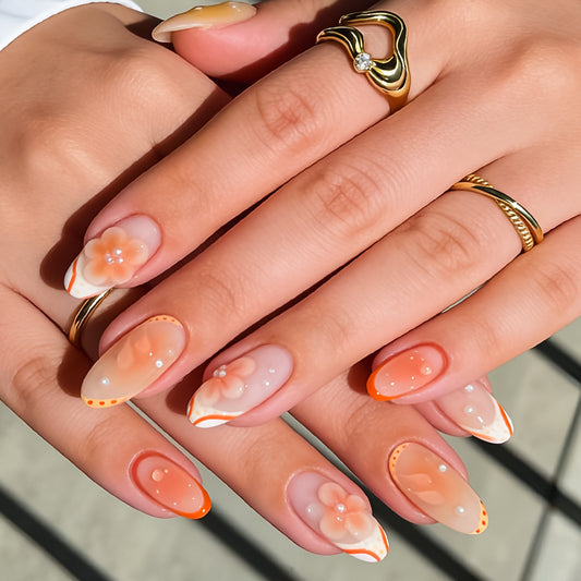 Floral Sunset Long Almond Orange Ombre with Delicate Flower Accents Press-On Nail Set