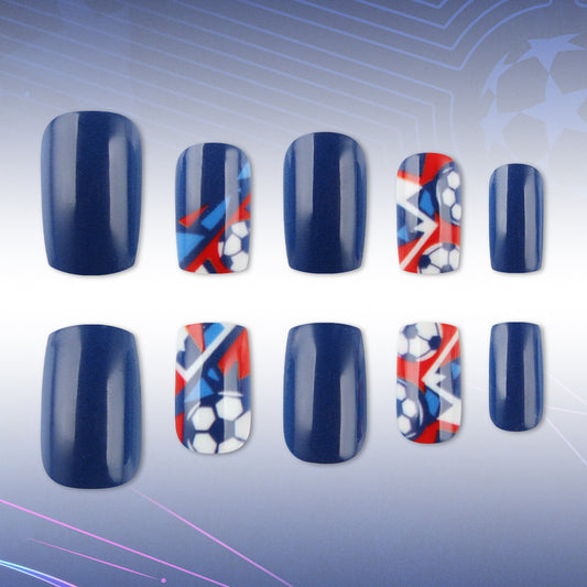 Sporty Vibe Short Square Navy Blue Nails with Soccer Theme