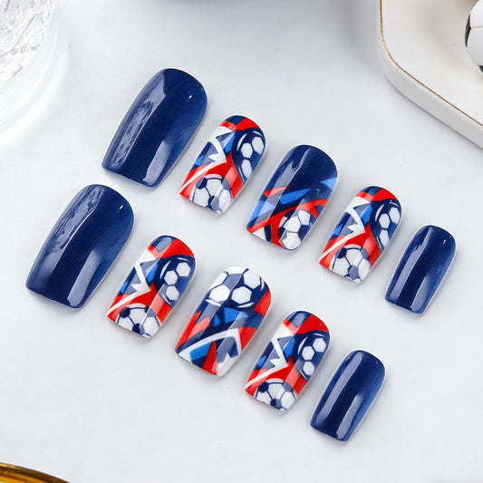 Sporty Vibes Short Square Navy with Soccer Ball Design Press On Nail Set