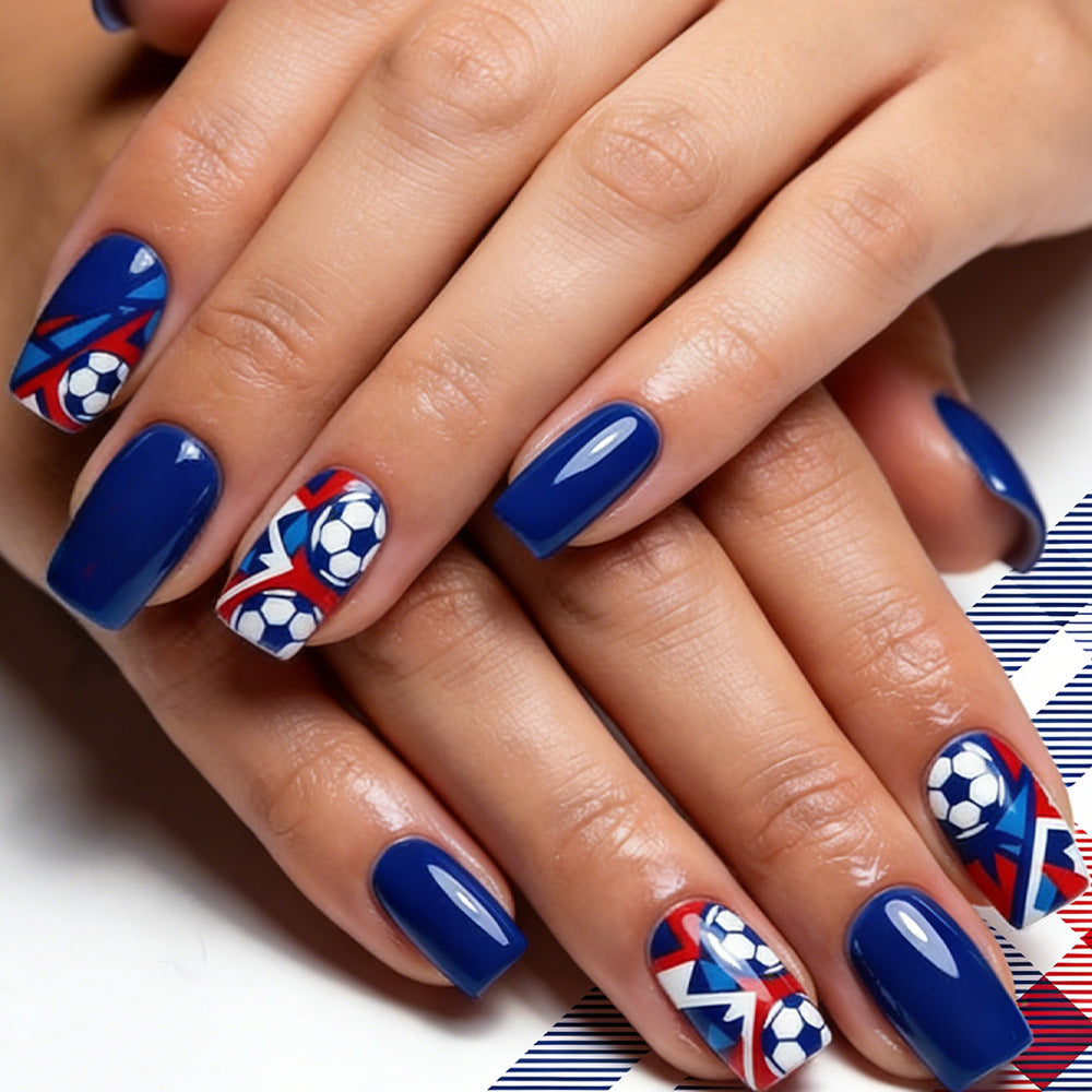 Soccer Inspired Medium Square Blue Nail Set with Fun Graphic Design