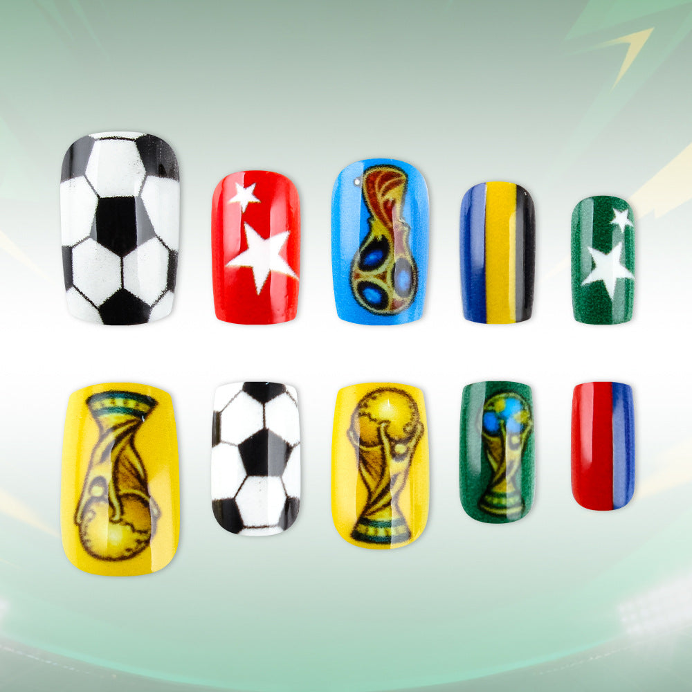 Soccer Celebration Medium Square Colorful Graphic Press On Nail Set with Unique Trophy Designs