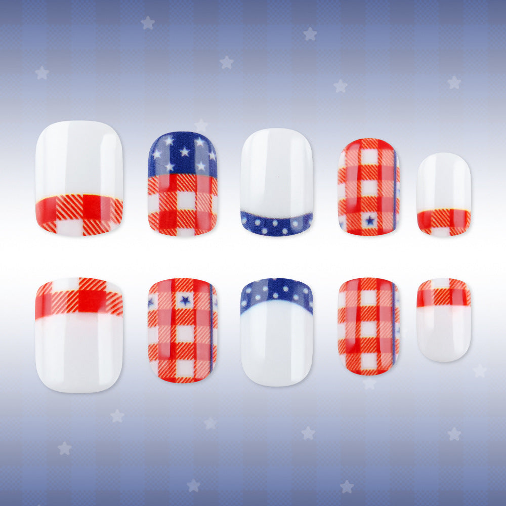 Patriotic Vibes Short Square Red and Blue Plaid Nail Set with Stars