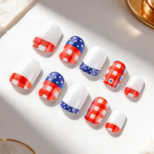 Patriotic Short Square Red and Blue Checkerboard Design Press On Nail Set