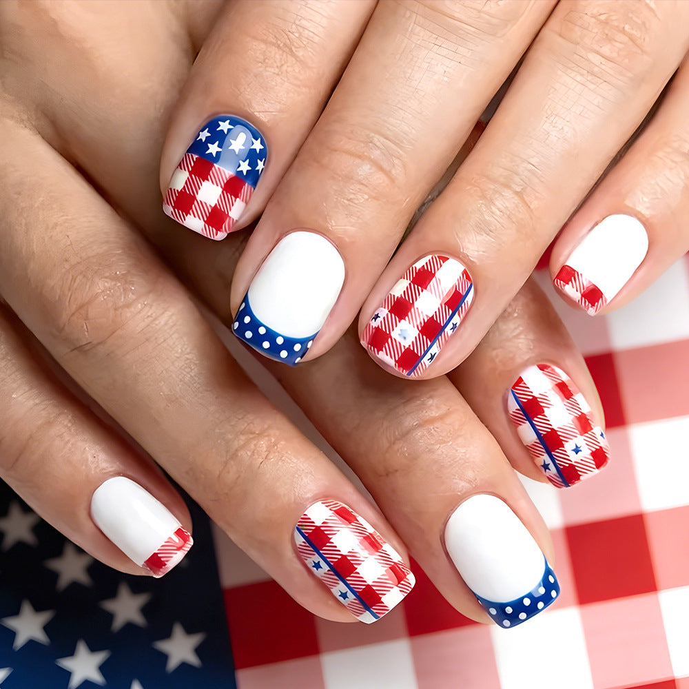 Patriotic Spirit Short Square White and Red Checkered Design with Star Accents Press on Nail Set