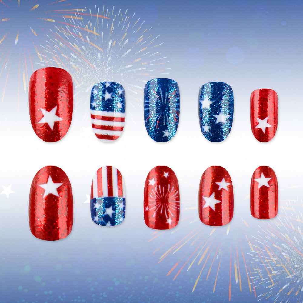 Patriotic Celebration Medium Oval Red and Blue Glitter Star Press-On Nail Set