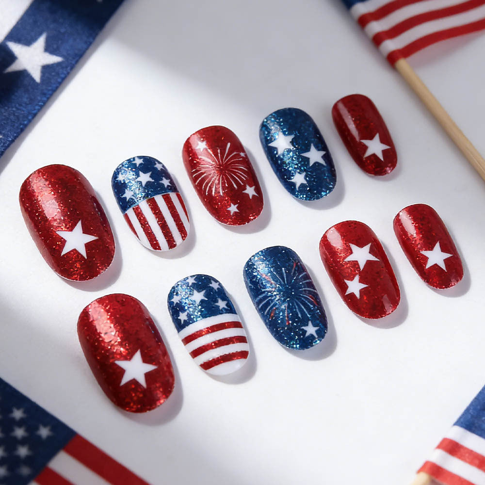 Festive Star Spangled Medium Oval Glitter Press On Nail Set