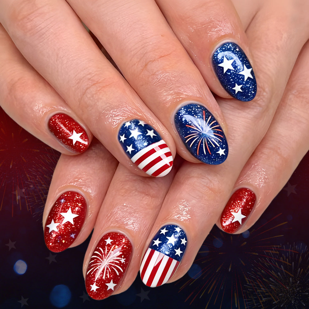 Patriotic Glamour Medium Oval Glitter Press On Nail Set with Stars and Fireworks Design