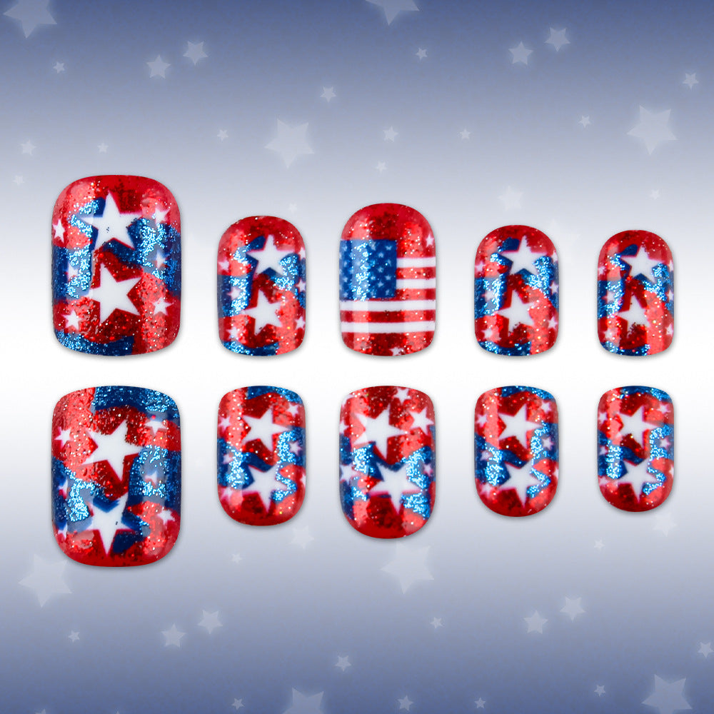Patriotic Sparkle Short Square Red and Blue Glitter Star Design Press on Nail Set