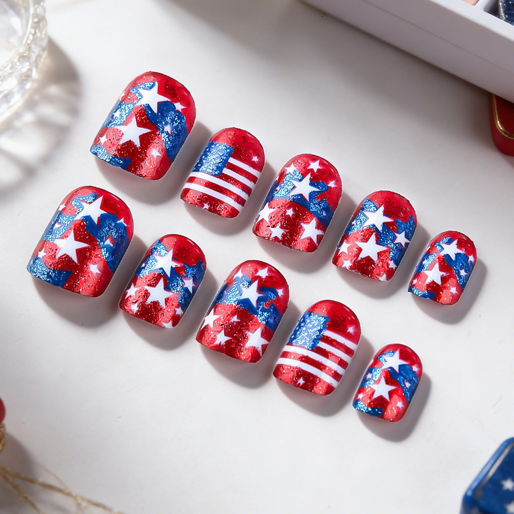 Patriotic Sparkle Short Square Red and Blue Glitter Star Design Press on Nail Set