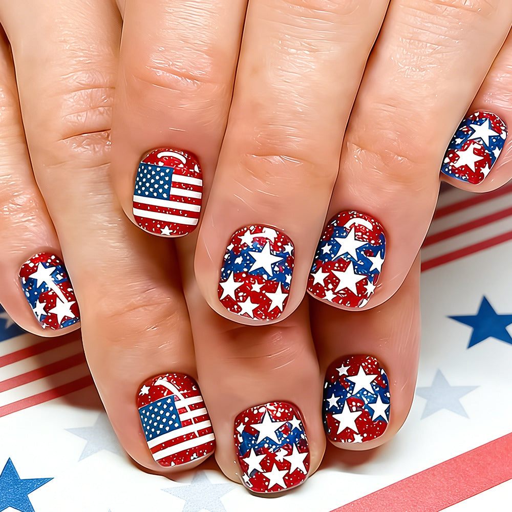 Patriotic Celebration Short Square Red and Blue Stars and Stripes Press on Nail Set