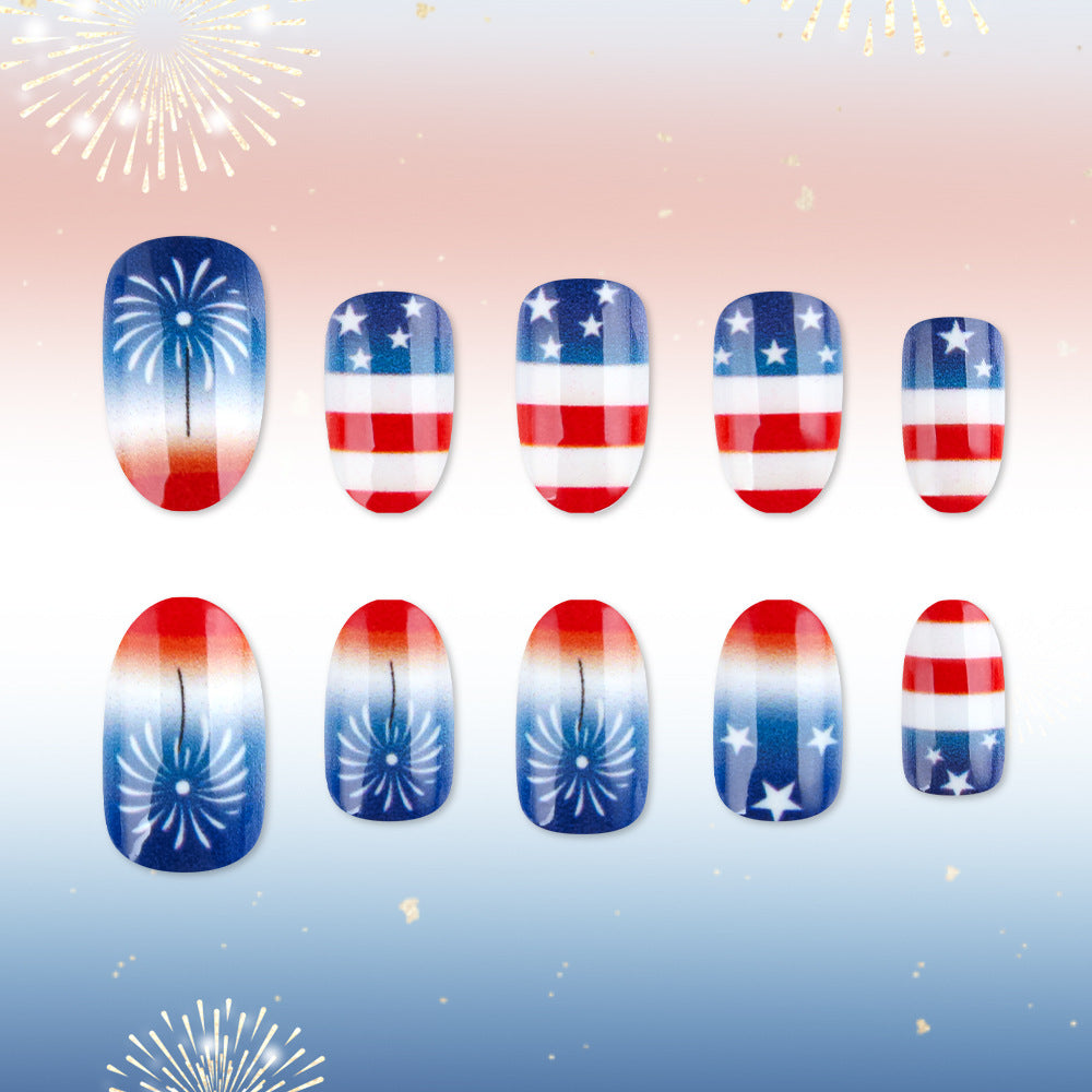 Stars and Stripes Medium Oval Red White and Blue Nail Set with Fireworks Design