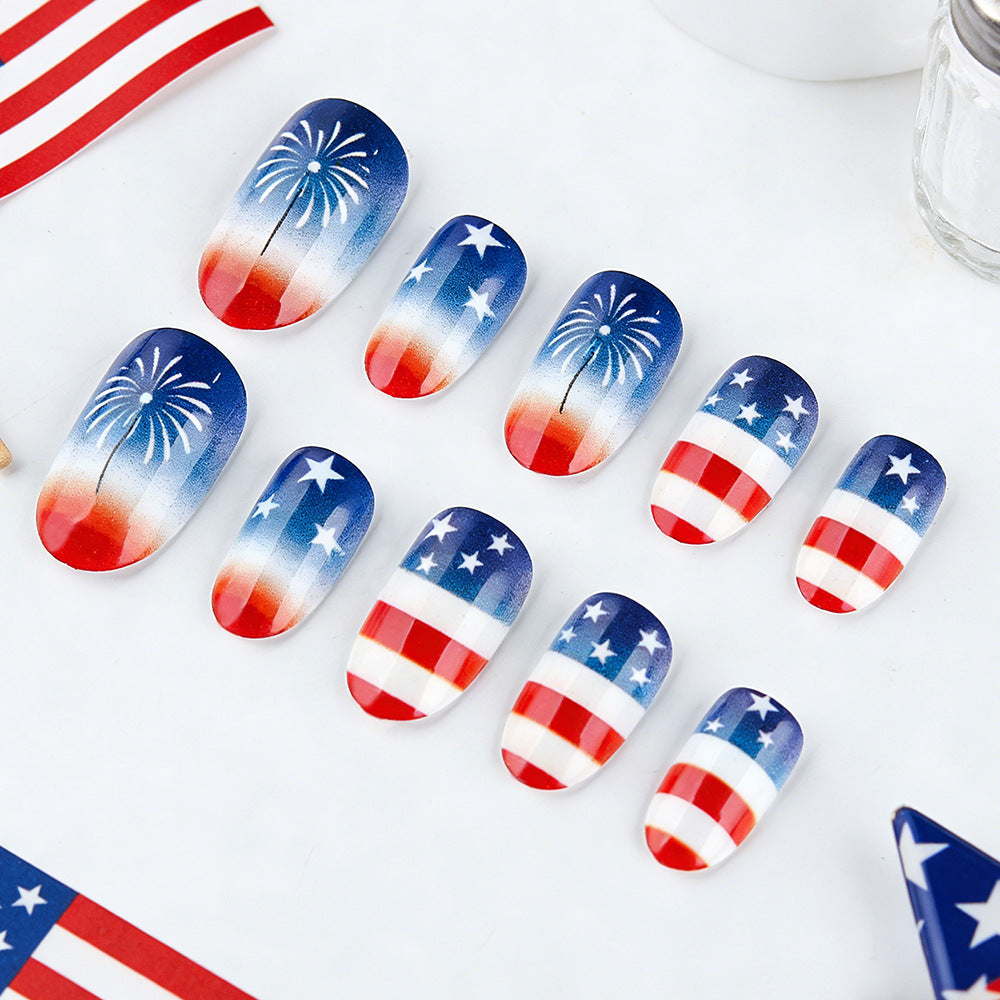 Patriotic Celebration Medium Round Red and Blue Fireworks Press on Nail Set