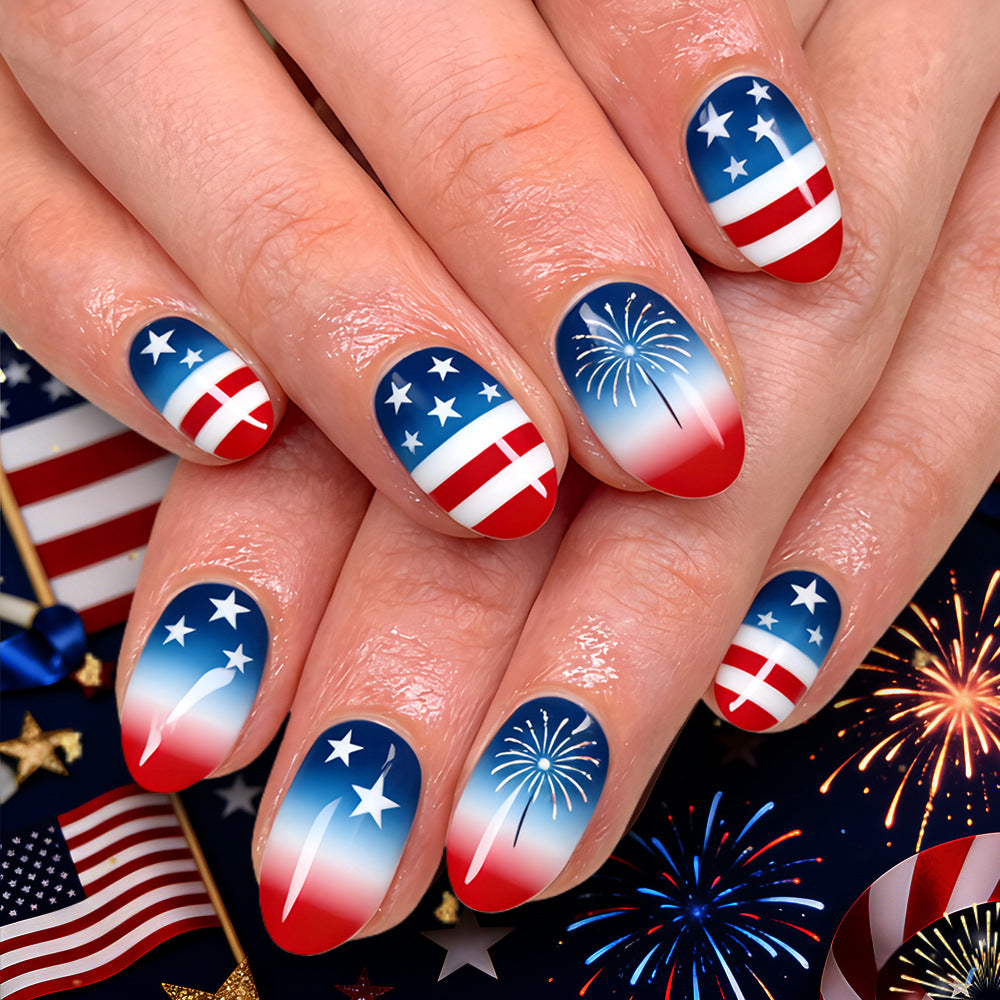 Patriotic Celebration Medium Almond Red White and Blue with Sparkling Fireworks Design Press On Nail Set