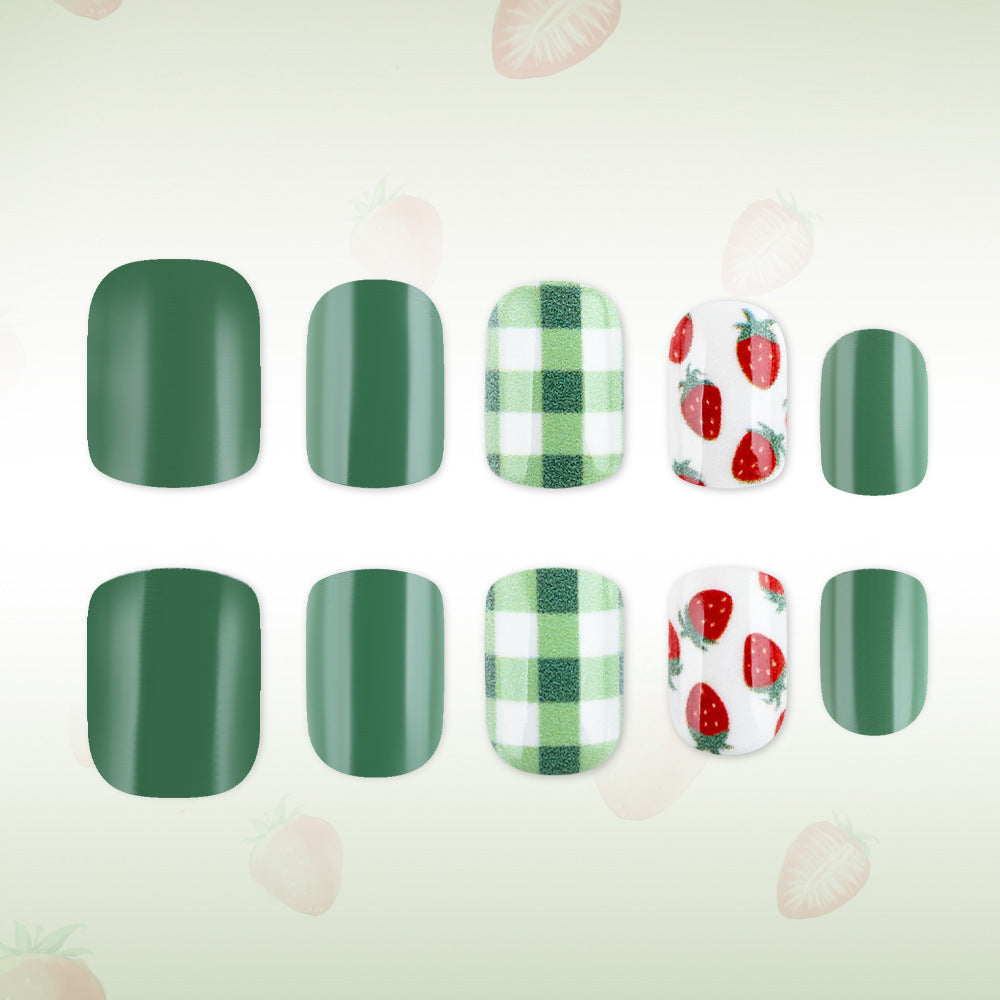 Fresh Strawberry Delight Short Square Green with Charming Plaid and Fun Strawberry Designs Press-On Nail Set