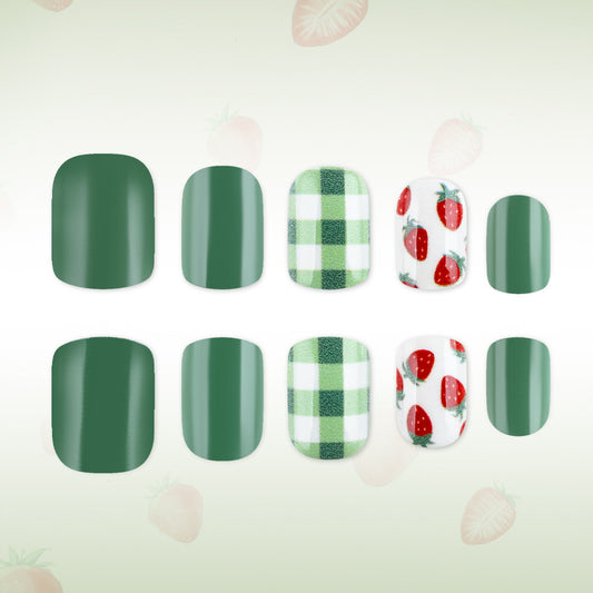 Fresh Strawberry Delight Short Square Green with Charming Plaid and Fun Strawberry Designs Press-On Nail Set