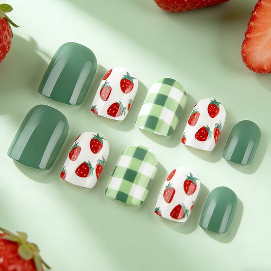 Strawberry Delight Short Square Green Glossy Press On Nail Set