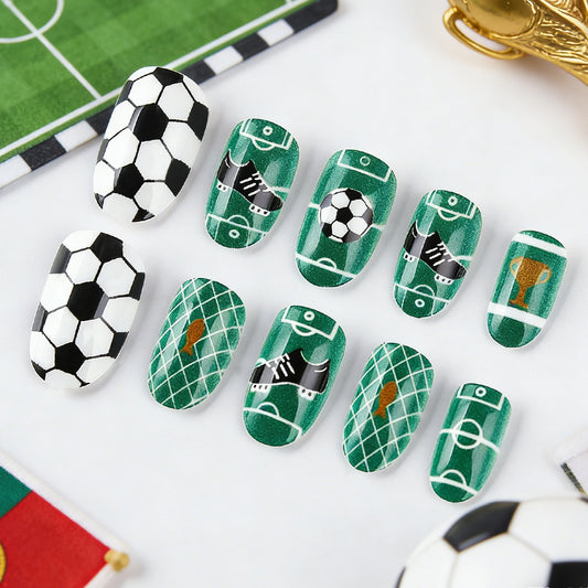 Soccer Spirit Medium Oval Green with Unique Sports Designs Press On Nail Set