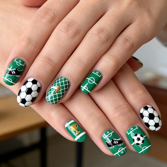 Soccer Themed Medium Oval Green Nail Set with Fun Sports Patterns