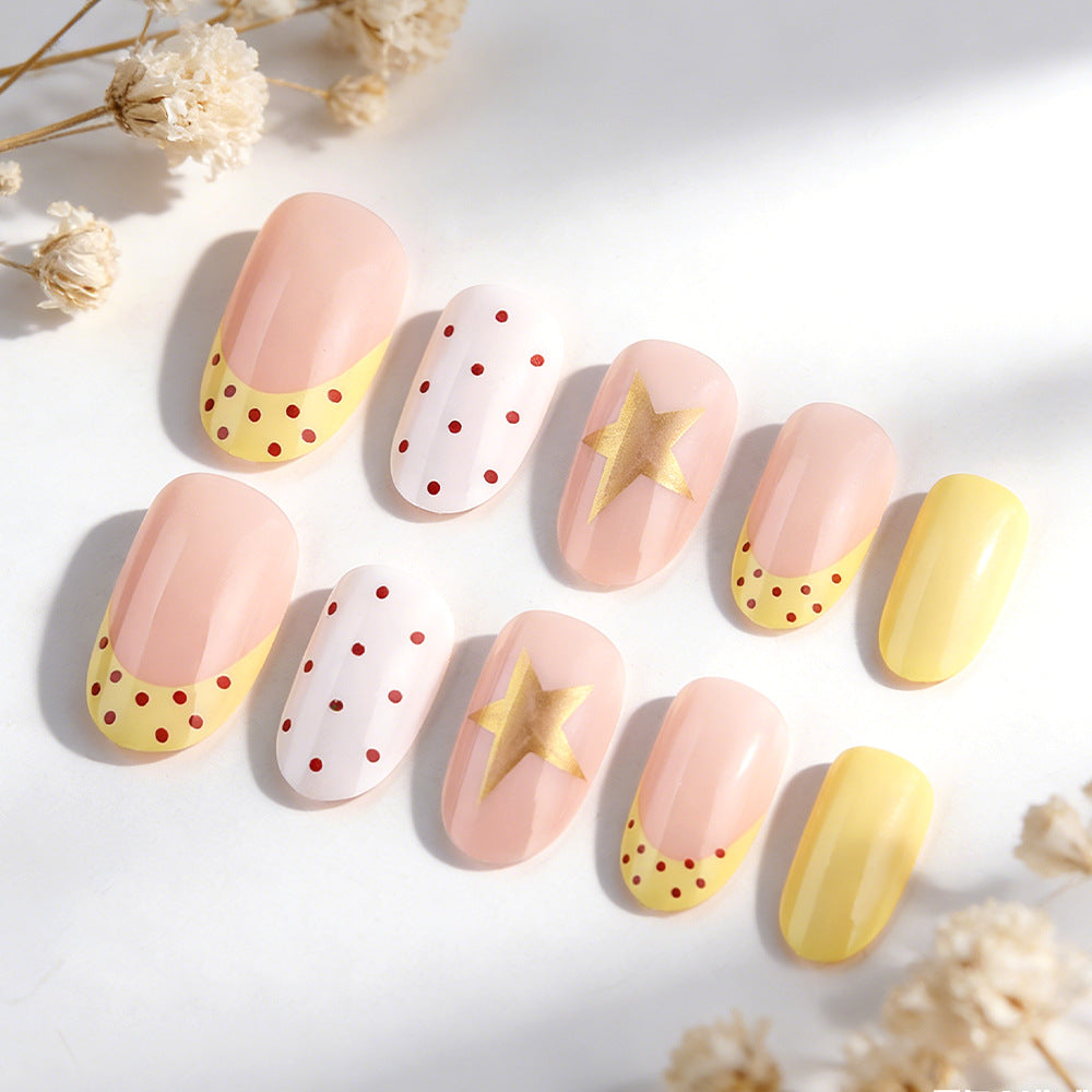 Sunny Delight Medium Oval Peach and Yellow with Star and Polka Dot Design Press-On Nail Set