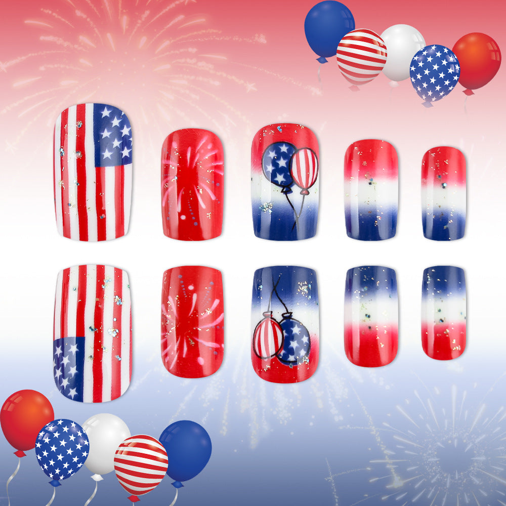 Patriotic Celebration Short Square Red and Blue Nail Set with Glitter Fireworks Design