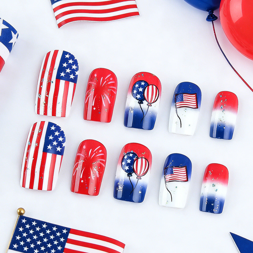 Patriotic Celebration Medium Square Red and Blue with Glitter Accents Press On Nail Set