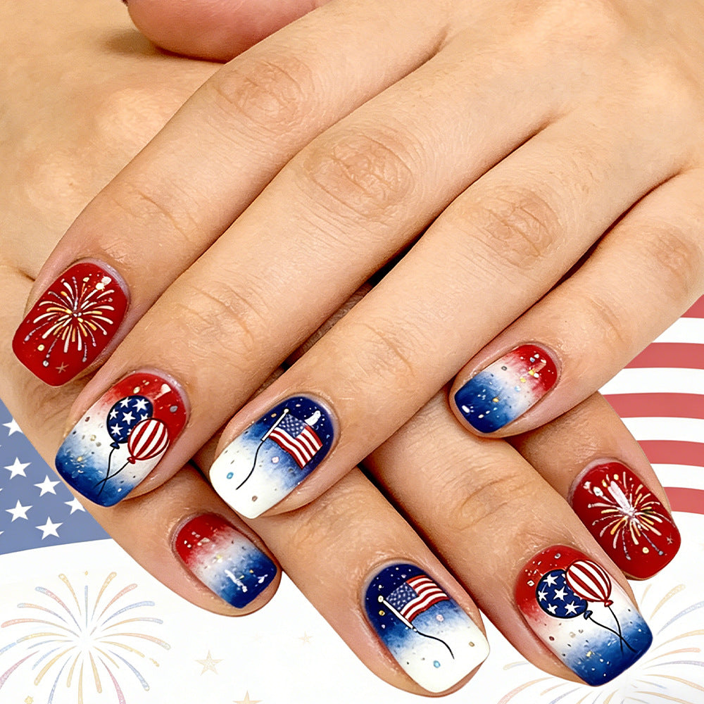 Festive Fireworks short Square Red and Blue Ombre Press On Nail Set