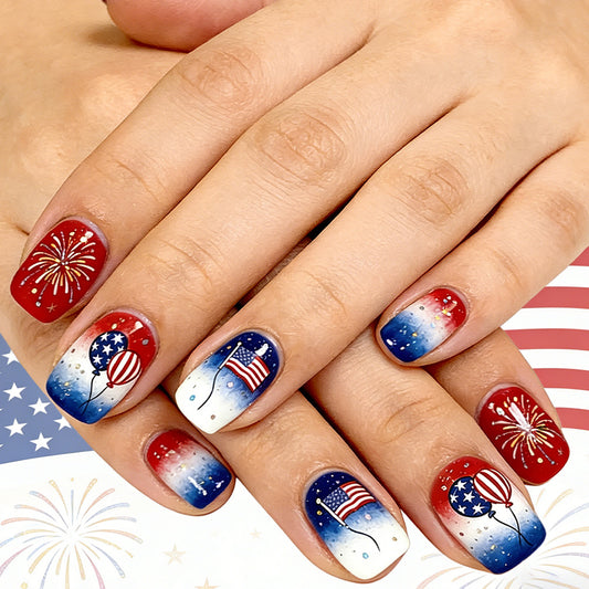 Festive Fireworks short Square Red and Blue Ombre Press On Nail Set