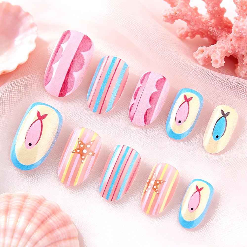 Under the Sea Vibes Medium Oval Pink with Fish Design Nail Set