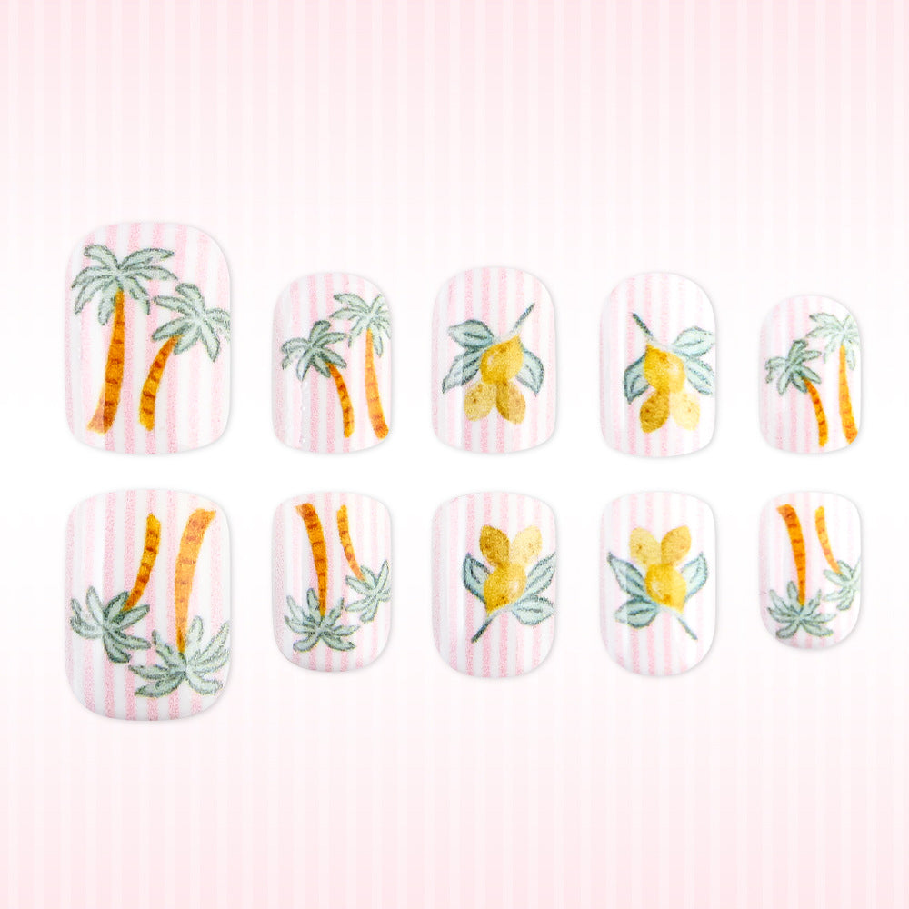 Tropical Paradise Short Square Pink with Palm Tree and Floral Design Press On Nail Set