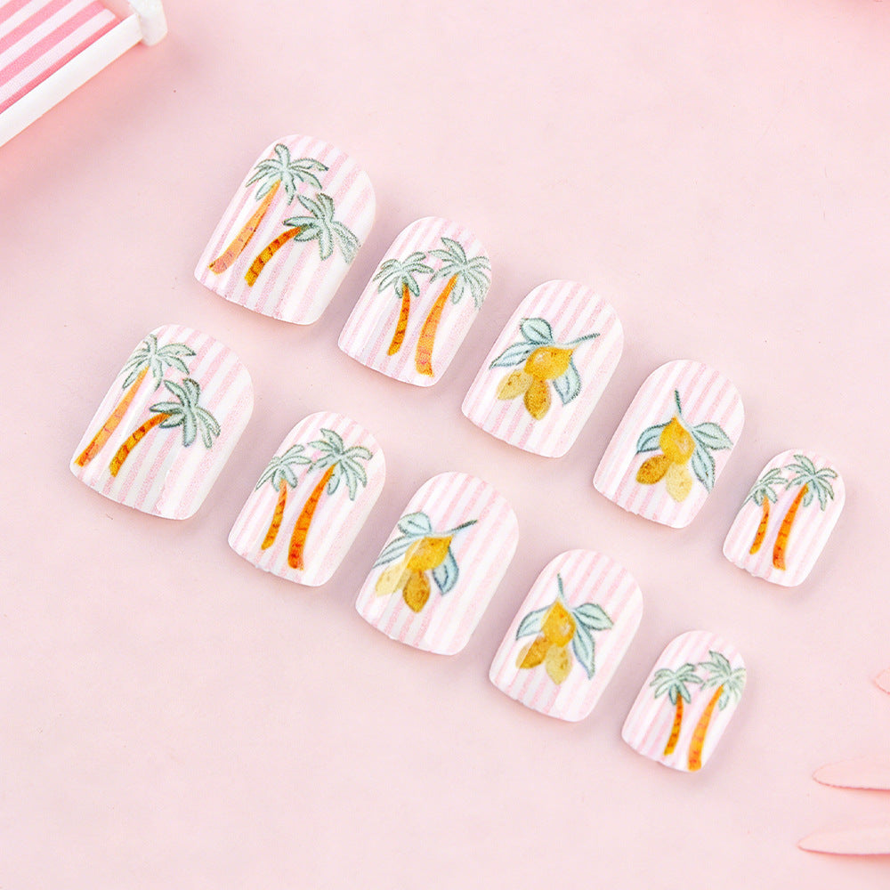 Tropical Vibe Short Square Light Pink with Palm Tree Designs Press On Nail Set