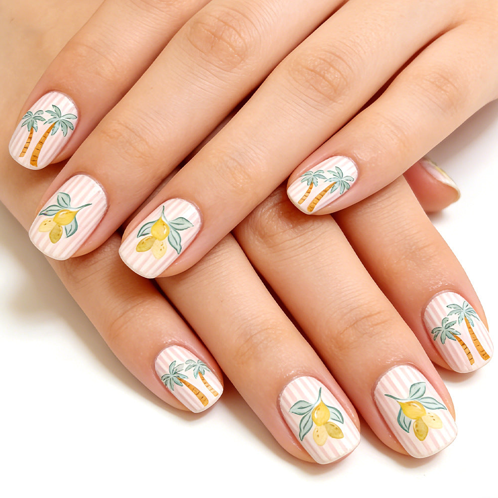 Tropical Vibes Short Square White with Lemon and Palm Tree Nail Set