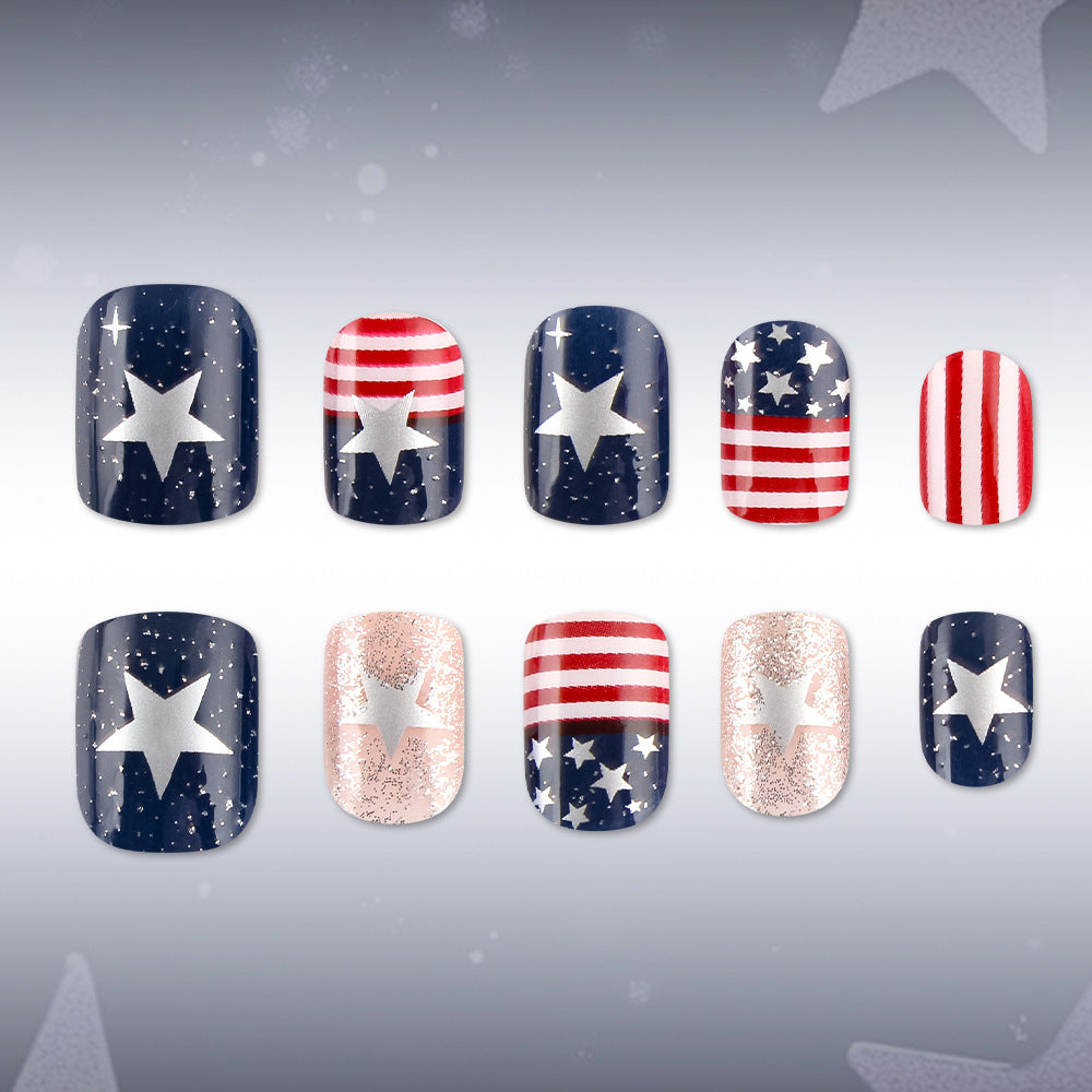 Patriotic Glam Short Square Red White and Blue Starry Press on Nail Set
