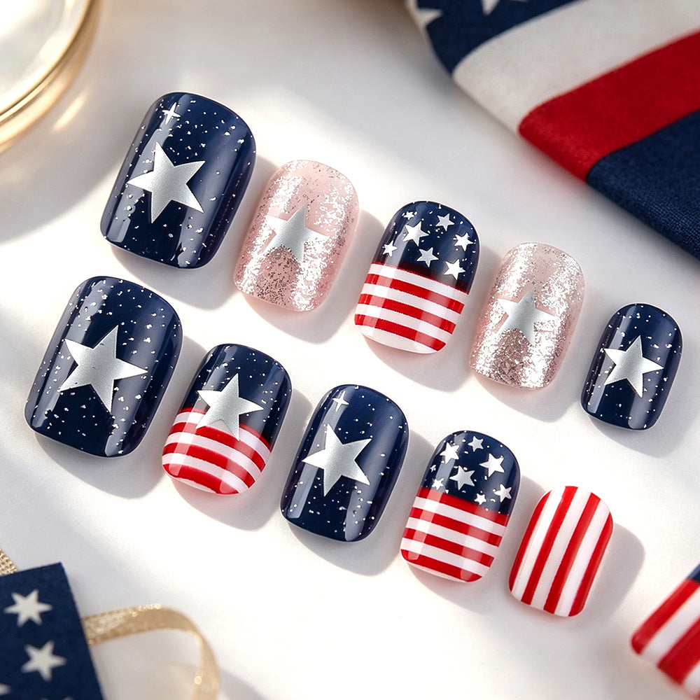 Patriotic Short Square Navy and Red Star-Patterned Press On Nail Set